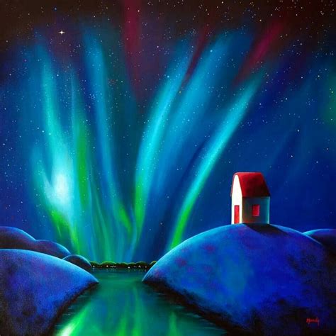 a painting of a house and aurora lights in the sky