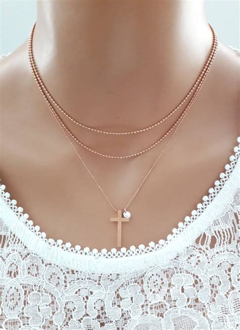 Rose Gold Cross Necklace,rose Gold Ball Chain Necklace,cz Necklace,rose ...