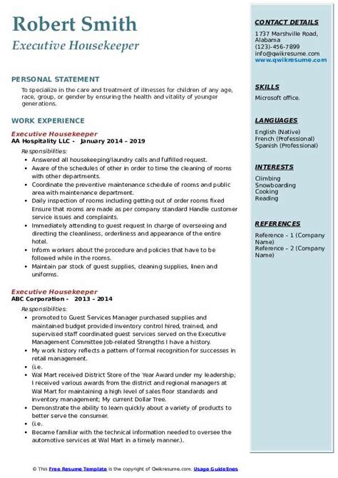 Executive Housekeeper Resume Samples | QwikResume