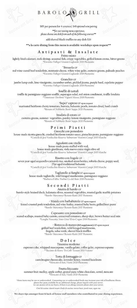 Menu at Barolo Grill, Denver