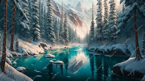 Premium AI Image | a snowy scene with a river and trees in the background.