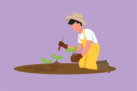 Cartoon flat style drawing of happy young male farmer planting plant shoots in the ground. Start ...