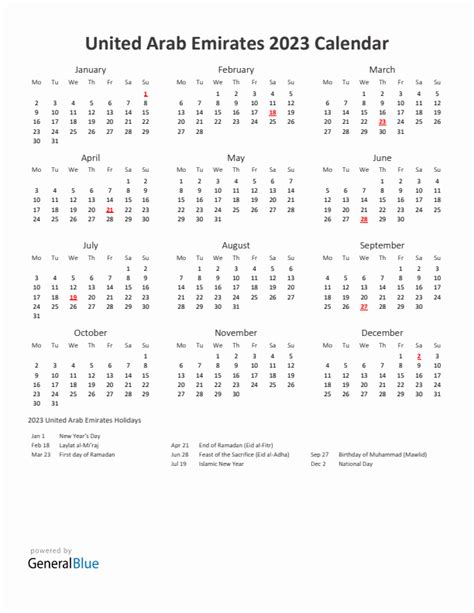 2023 Yearly Calendar Printable With United Arab Emirates Holidays