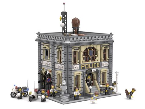 a lego model of a police station with people standing outside and ...