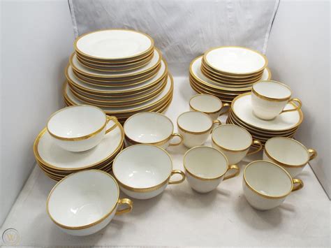 Vintage Theodore Haviland Limoges Ivory w/ Gold Trim Circle Pattern China 48pcs. | #1901978113