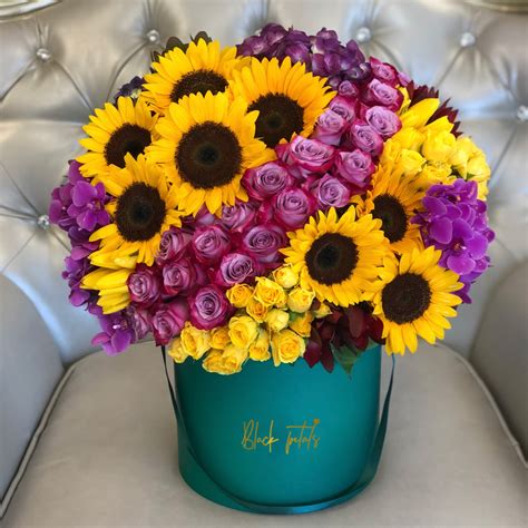 Sunflowers And Purple Roses - Black Petals Flowers Shop