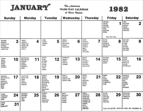 Calendar January 1982