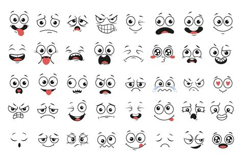 caras de dibujos animados. ojos y boca expresivos, sonriendo, llorando y expresiones de cara de ...