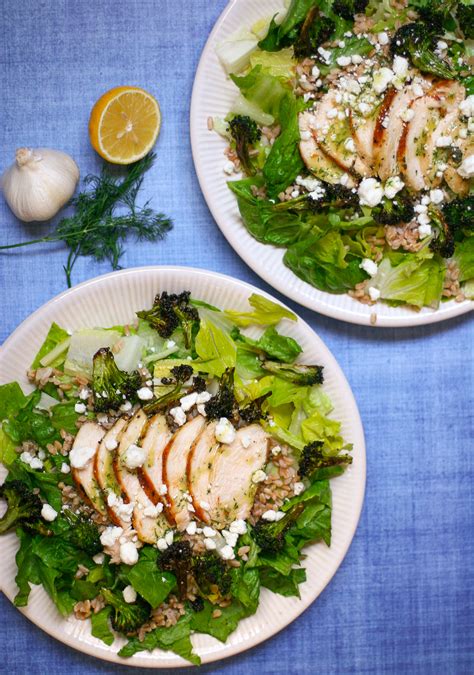 Romaine Charred Broccoli Salad with Grilled Chicken and Farro - Erica Julson