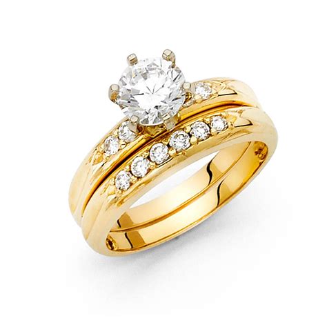 Trust Jewelry - 14k Solid Yellow Italian Gold 1.20 ct CZ Round Wedding Ring Duo Set - Walmart ...