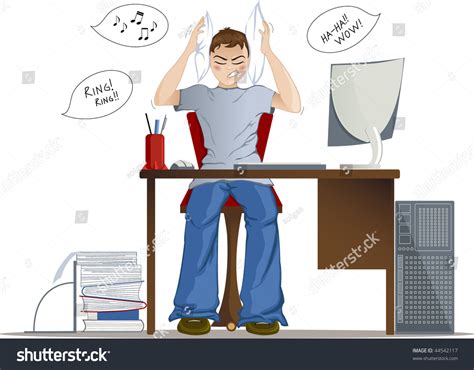 Boy Can Not Work Because Of Loud Noise In The Office Stock Vector ...