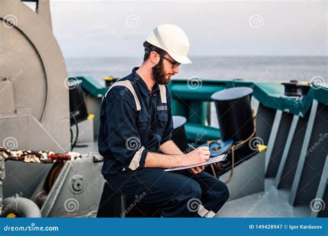 Deck Officer on Deck of Offshore Vessel or Ship Stock Image - Image of communication, helmet ...