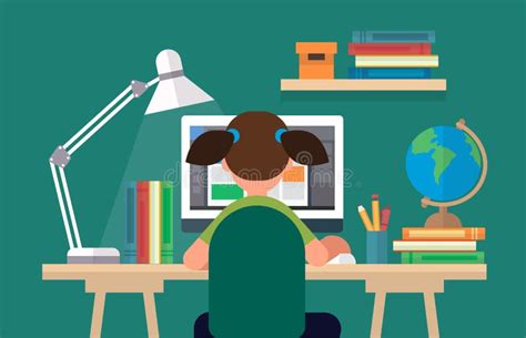 Student Sitting at the Desk, Learning with Computer. Concept Illustration in Flat Style, Online ...