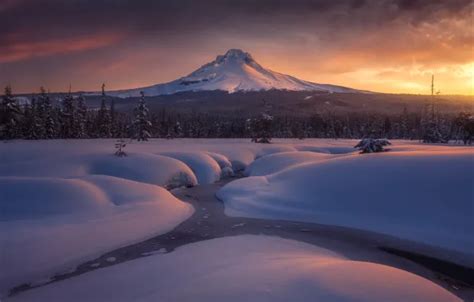 Wallpaper winter, forest, snow, stream, dawn, mountain, morning, Oregon, the snow, Oregon, Mount ...