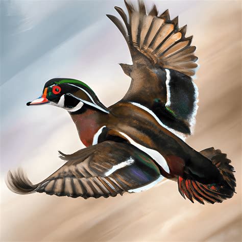 Wood Duck Flying Full Image Detailed Hyper Realistic Watercolor Lake ...