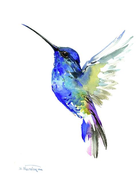 Hummingbird, Turquoise Blue Bird Illustration Art Painting by Suren ...