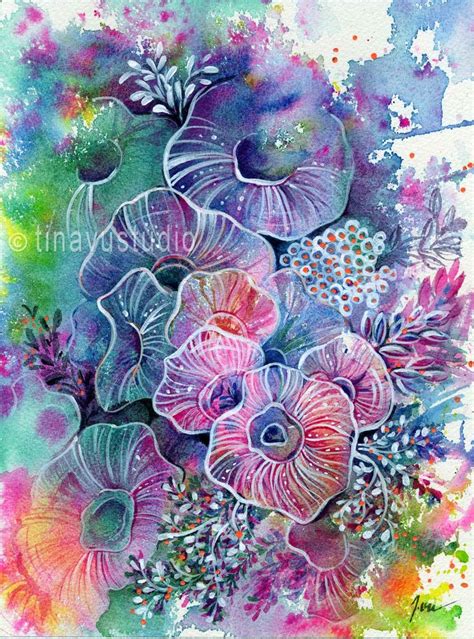 abstract sea coral painting, nautical painting, watercolor painting, ORIGINAL sea coral painting ...