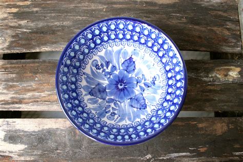 Unikat 214 Large Polish Pottery Blue White Floral Pattern