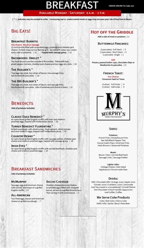 Murphy's Family Restaurant : Menu