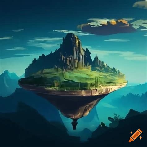 Colorful high-resolution fantasy sci-fi concept art of a floating island landscape with forests ...