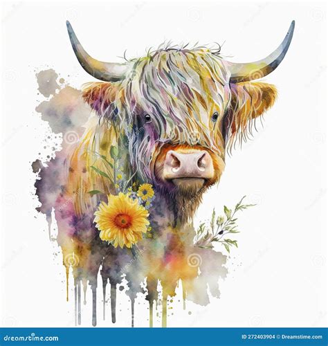 Highland Cow Sunflower with Colorful Flower Watercolor - Generative AI ...