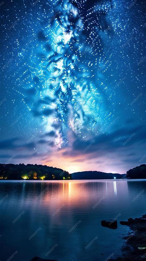 Premium AI Image | a starry night sky over a lake with stars and a starry sky.