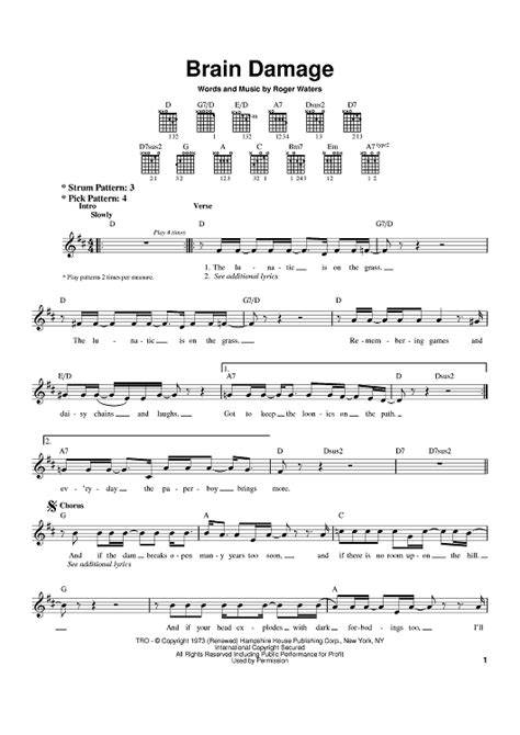 Brain Damage" Sheet Music by Pink Floyd for Easy Guitar - Sheet Music Now