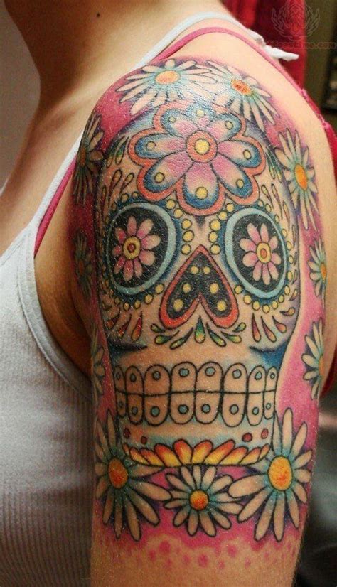 watercolor sugar skull half sleeve tattoo - flowers, teeth | inked ...