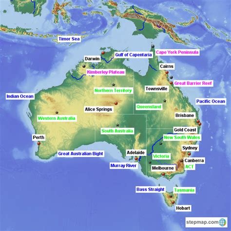 StepMap - Map of Australia including States, Territories, Capital Cities, Waterways and Natural ...