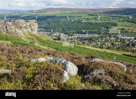 View from Ilkley Moor, looking towards Cow and Calf rocks and town ...