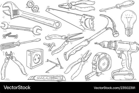 Line drawing icons different tools for Royalty Free Vector