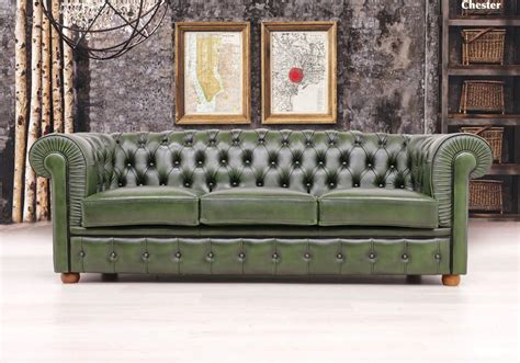 Canapé vintage cuir vert CHESTERFIELD - Canapé Capitonné Chester