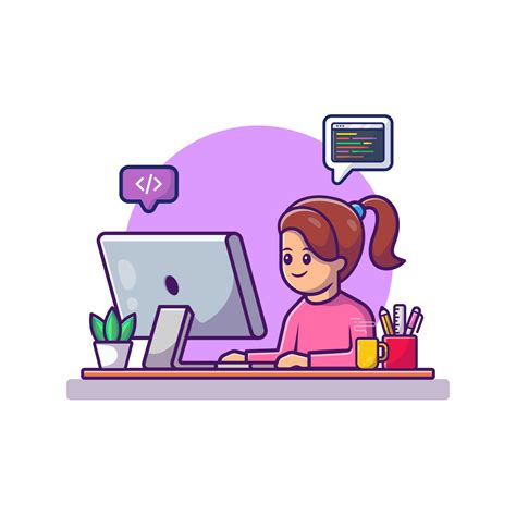 Cute Girl Working On Computer Cartoon Vector Icon Illustration. People ...