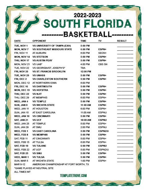 Printable 2022-2023 South Florida Bulls Basketball Schedule