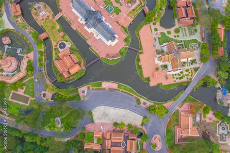 Aerial top view of The Ancient Siam City, the museum park with lake, in Samut Prakan Province ...