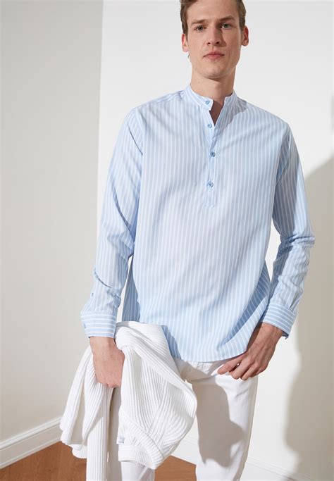 Buy Trendyol blue Striped Grandad Collar Regular Fit Shirt for Men in MENA, Worldwide ...