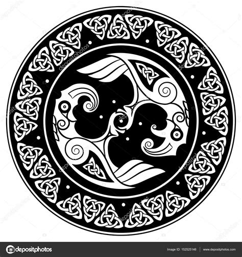 Viking shield, decorated with a Scandinavian pattern and Ravens of God ...