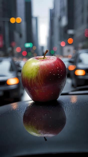 Premium Photo | An apple on car dashboard in street traffic jam illustration background