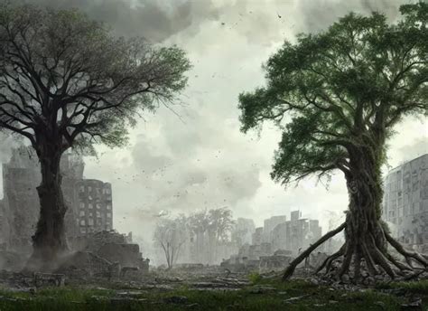 oak tree growing in the ruins of a city, post - | Stable Diffusion | OpenArt