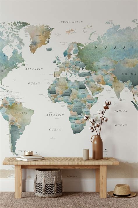 World Map Muted Tones wallpaper - Happywall in 2024 | Map wall mural, World map mural, Map murals