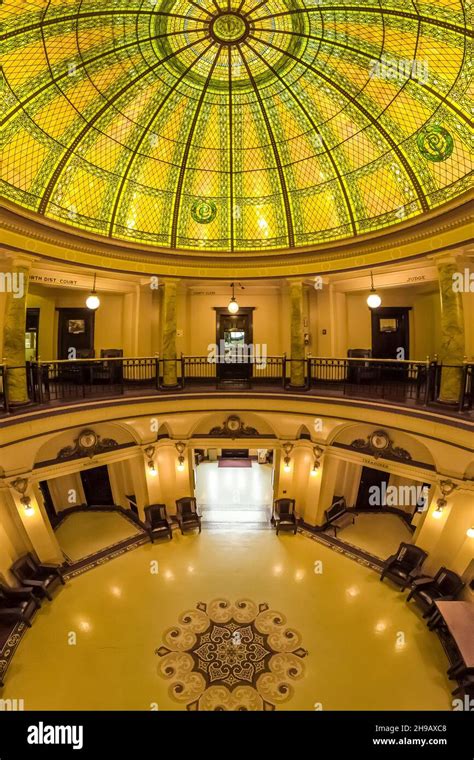 Stained glass dome installed in the Pacific County Courthouse in 1910, South Bend, Washington ...