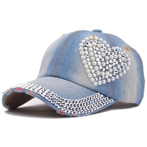 Fashion Women Girls Plain Cute Outdoor Blue Caps Heart Shape Rhinestone Denim Baseball Cap Hat ...