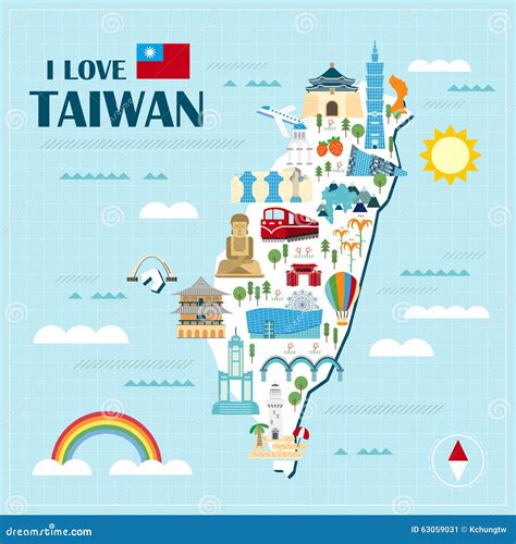 Lovely Taiwan travel map stock vector. Illustration of architecture - 63059031