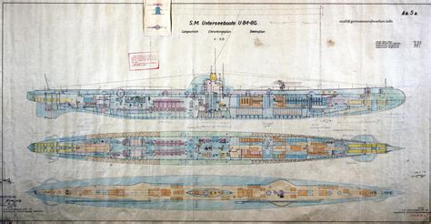 Detailed illustration of type VII U-Boat: S.M. Unterseeboote U81-86 - longitudinal section ...