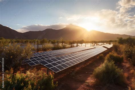 Solar panel farm with rows of panels. Clean energy concept. AI generated Stock Illustration ...