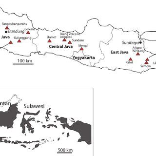 Java island with its 18 active volcanoes. The target volcanoes ...