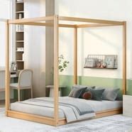 Wood Queen Size Canopy Platform Bed with Support Frame for Bedroom ...