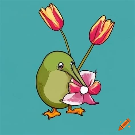 Kiwi bird enjoying dutch cheese surrounded by tulips in wellington, new ...