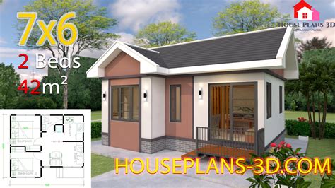 House Plans Design 7x6 with 2 Bedrooms Gable Roof - House Plans 3D