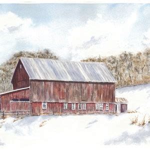 Red Barn Watercolor Painting or Fine Art Prints, Barn in Snow Painting Framed Landscape Painting ...